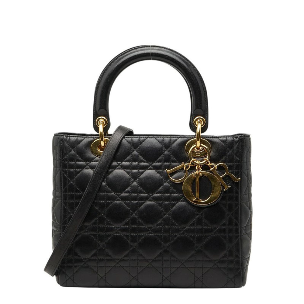 Dior Cannage Lady Handbag Shoulder Bag Black Leather